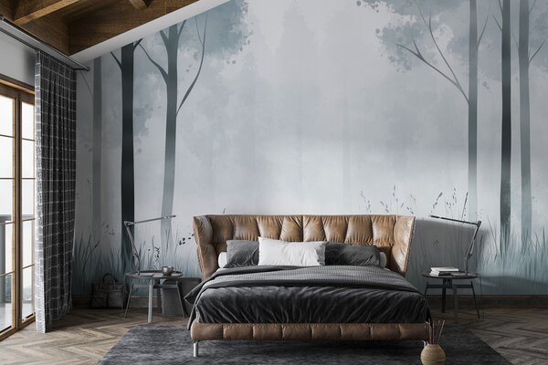 Carta da parati Acquerello foresta, nebbia, alberi, erba, paesaggio naturale, colore grigio, Carta da parati Natura, w01563v3 : Uwalls.it