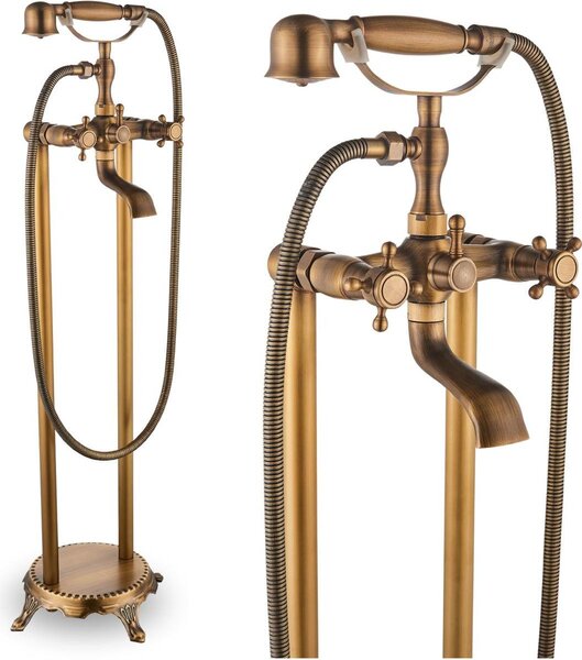 Rubinetto da vasca da bagno indipendente in stile retrò con doccetta e bocca girevole a 180°, montaggio a pavimento, ottone, cartuccia in Vetroceramica, bocca a cascata per vasca da bagno