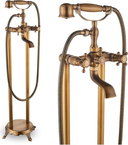 Miscelatore da bagno a pavimento Ari Retro in ottone, beccuccio girevole 180 gradi, doccetta e valvola in Vetroceramica, finitura ottone