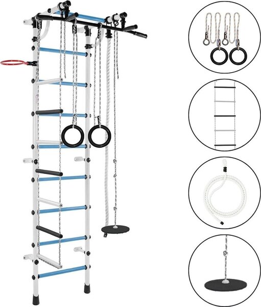 Spalliera per bambini: struttura da arrampicata da interno in metallo con scala a corda e ruote da ginnastica – Gamma Plus, blu