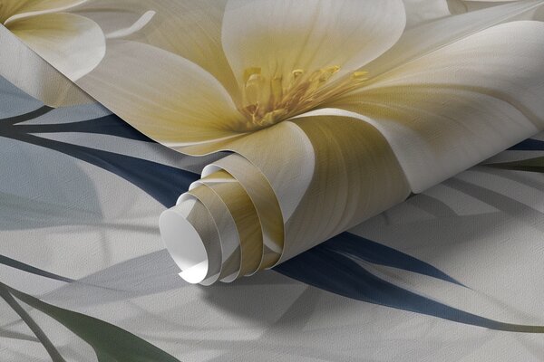 Carta da parati Bouquet floreale bianco, beige e blu con foglie delicate su uno sfondo morbido e sfocato, Carta da parati Floreale, w08314 : Uwalls.it