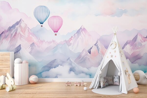 Carta da parati Montagne acquerellate con palloncini d'aria, eterei, colori blu, Carta da parati Acquerello, w01786v1 : Uwalls.it