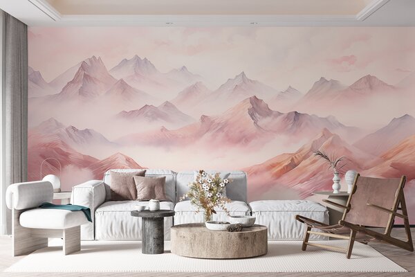 Carta da parati Montagne con nuvole, acquerello, colori tenui beige e rosa, Carta da parati Panoramica, w01790 : Uwalls.it