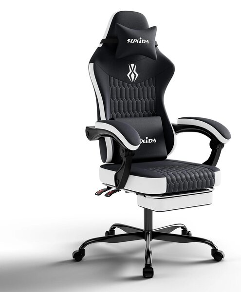 Sedia da gaming, sedia per giocatori - Sedia da ufficio ergonomica con poggiapiedi - Regolabile in altezza - Sedia girevole con braccioli e rotelle - Nero e bianco