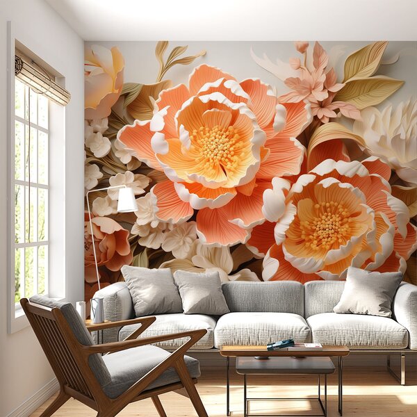 Carta da parati Composizione floreale in 3D sui toni del pesca, con peonie e rose, Carta da parati 3D, Carta da parati Fiori 3D, w01939 : Uwalls.it