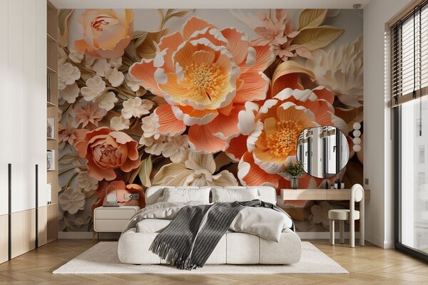 Carta da parati Composizione floreale in 3D sui toni del pesca, con peonie e rose, Carta da parati 3D, Carta da parati Fiori 3D, w01939 : Uwalls.it