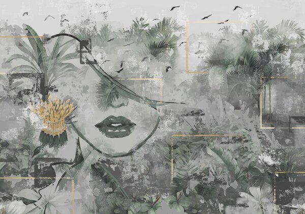 Carta da parati Foresta pluviale grunge e silhouette del volto di una ragazza, Carta da parati Moderno, w01916 : Uwalls.it