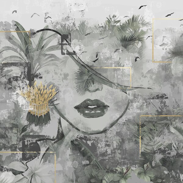 Carta da parati Foresta pluviale grunge e silhouette del viso di una ragazza, Carta da parati Natura, w01916d1 : Uwalls.it
