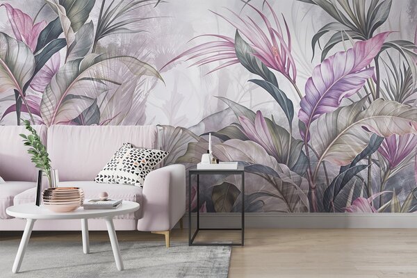 Carta da parati Giungla tropicale con grandi foglie verdi e fiori di protea rosa con sfondo sfocato e, Carta da parati Natura, w08375v1 : Uwalls.it