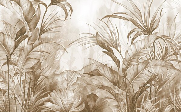Carta da parati Giungla tropicale con grandi fiori di protea marrone e beige con sfondo sfocato e, Carta da parati Natura, w08375v2 : Uwalls.it