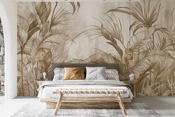 Carta da parati Giungla tropicale con grandi fiori di protea marrone e beige con sfondo sfocato e, Carta da parati Natura, w08375v2 : Uwalls.it