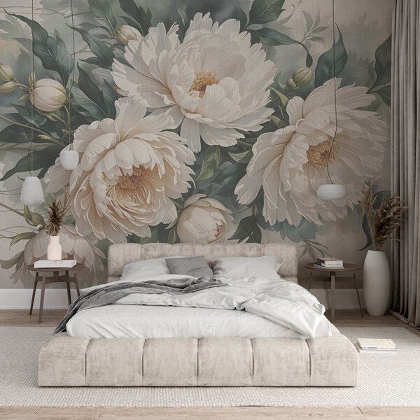 Carta da parati Grandi fiori di peonia bianca con foglie verdi, una, Carta da parati Floreale, Carta da parati Fiori grandi, w08377 : Uwalls.it