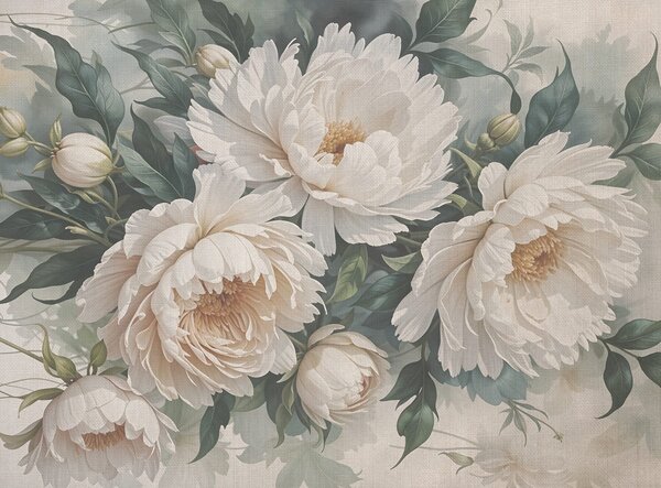Carta da parati Grandi fiori di peonia bianca con foglie verdi, una, Carta da parati Floreale, Carta da parati Fiori grandi, w08377 : Uwalls.it
