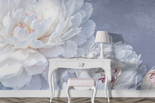 Carta da parati Fiori di peonia bianchi dettagliati con petali morbidi e delicati su uno sfondo blu, Carta da parati Floreale, w08379 : Uwalls.it