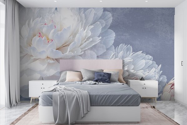 Carta da parati Fiori di peonia bianchi dettagliati con petali morbidi e delicati su uno sfondo blu, Carta da parati Floreale, w08379 : Uwalls.it
