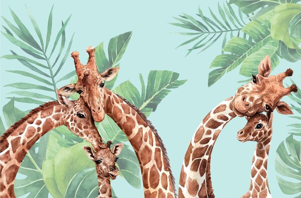 Carta da parati Giraffe giocose in una scena lussureggiante, Carta da parati per Bambini, w00140v2 : Uwalls.it