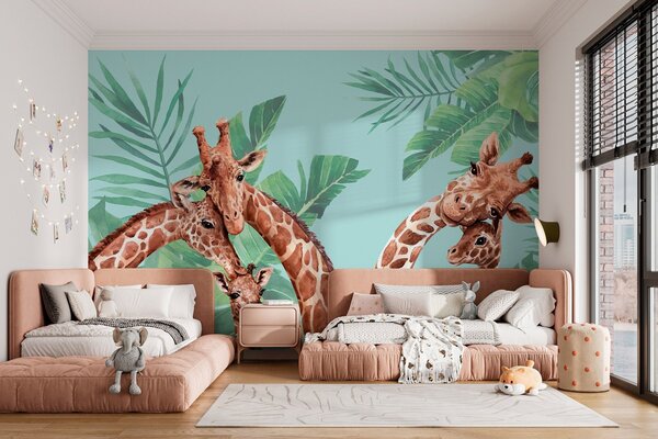 Carta da parati Giraffe giocose in una scena lussureggiante, Carta da parati per Bambini, w00140v2 : Uwalls.it
