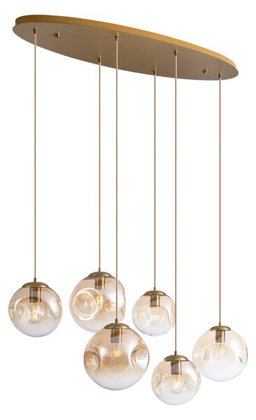 Lampada a sospensione Art Déco ottone con rosone ovale e vetro ambrato 6 luci - Douglass