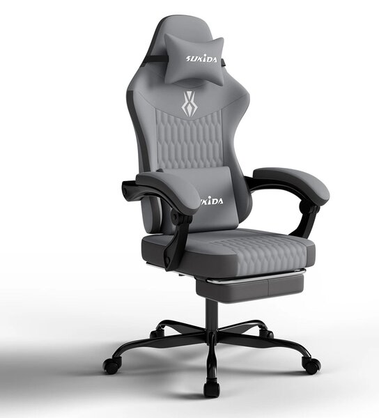 Sedia da gaming - Sedia da ufficio ergonomica - Con poggiapiedi - Regolabile in altezza - Rotazione a 360° con rotelle - Con braccioli - Grigio chiaro