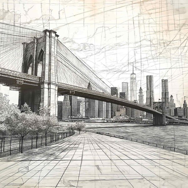 Carta da parati Panorama del ponte di Brooklyn realizzato con una tecnica di schizzo retrò con linee e, Carta da parati Città, w01961 : Uwalls.it