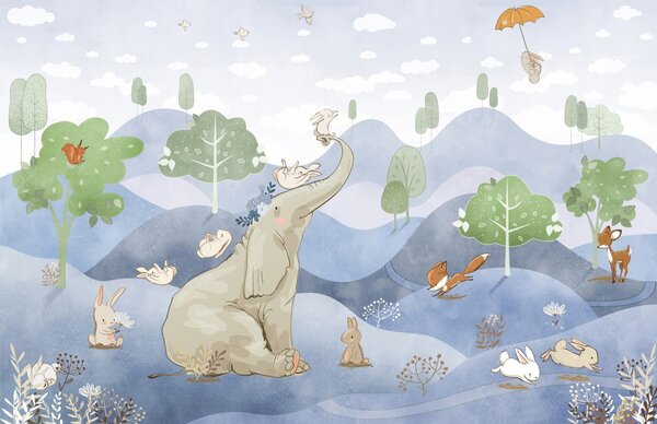 Carta da parati Elefante e amici in una foresta, Carta da parati Animali, u98695v1 : Uwalls.it