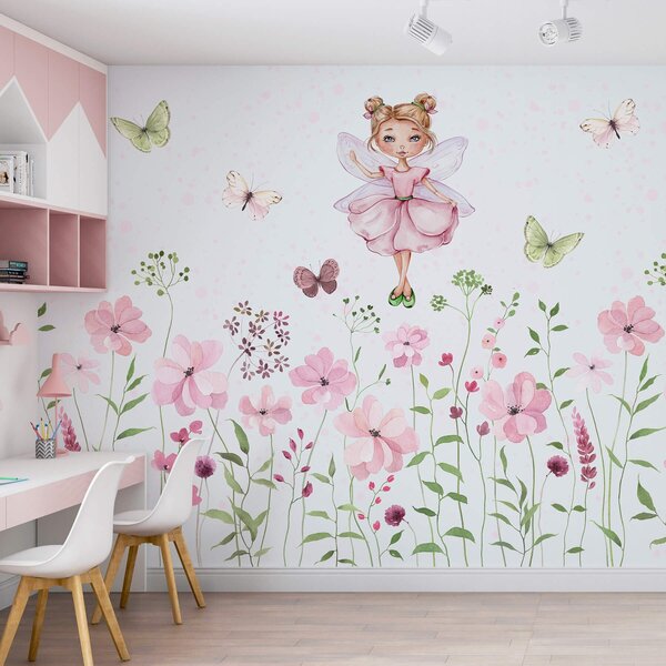 Carta da parati Una fata tra fiori e farfalle, Carta da parati per Bambini, Carta da parati per Ragazze, w01460 : Uwalls.it