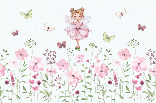 Carta da parati Una fata tra fiori e farfalle, Carta da parati per Bambini, Carta da parati per Ragazze, w01460 : Uwalls.it
