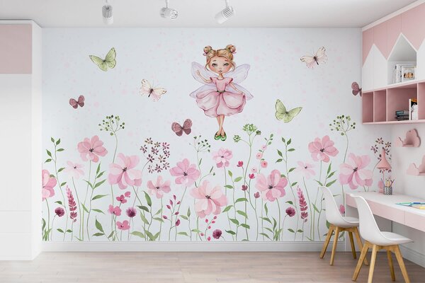 Carta da parati Una fata tra fiori e farfalle, Carta da parati per Bambini, Carta da parati per Ragazze, w01460 : Uwalls.it
