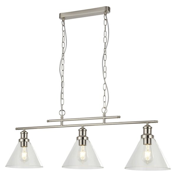 Lampadario Contemporaneo Piramide Acciaio Argento Vetro Trasparente 3 Luci E27