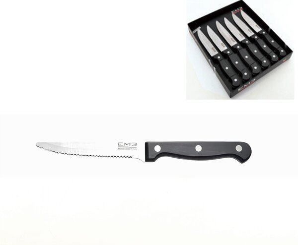 Coltello da Bistecca Rodeo Punta Arrotondata In Confezione regalo 6 Pezzi realizzato in acciaio 18/10 lunghezza 217 mm satinato molto tagliente Lavabile in lavastoviglie Made in Italy
