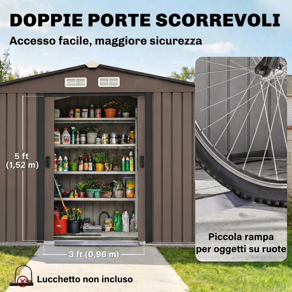 Outsunny Capanno Attrezzi da Giardino con 4 Prese d'Aria e 2 Porte Scorrevoli, Casetta in Acciaio, 277x195x192 cm, Marrone | Aosom Italy