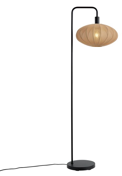 Lampada da terra Japandi nera con paralume in tessuto marrone - Bida