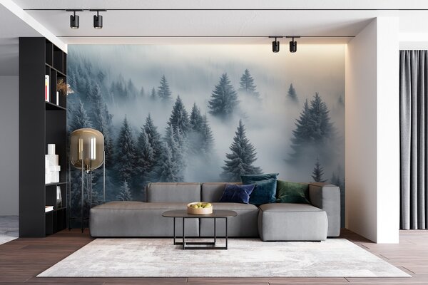 Carta da parati Nebbia fitta che avvolge una foresta innevata mattutina nei toni del blu, Carta da parati Natura, w02064 : Uwalls.it