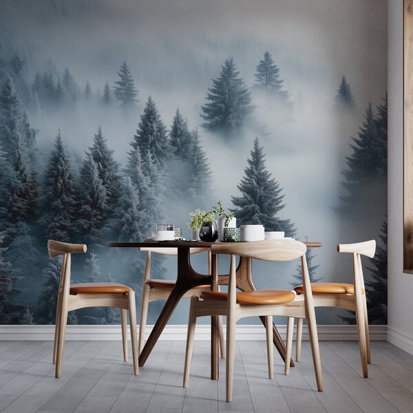 Carta da parati Nebbia fitta che avvolge una foresta innevata mattutina nei toni del blu, Carta da parati Natura, w02064 : Uwalls.it