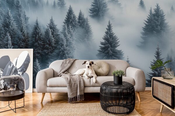 Carta da parati Nebbia fitta che avvolge una foresta innevata mattutina nei toni del blu, Carta da parati Natura, w02064 : Uwalls.it