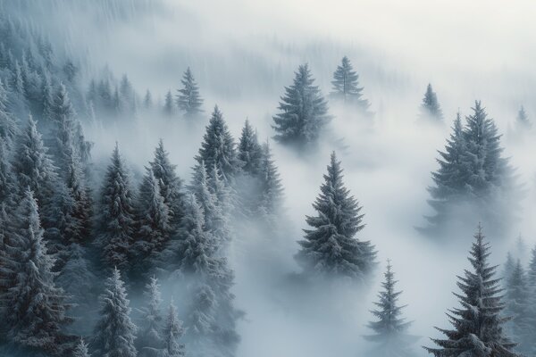 Carta da parati Nebbia fitta che avvolge una foresta innevata mattutina nei toni del blu, Carta da parati Natura, w02064 : Uwalls.it