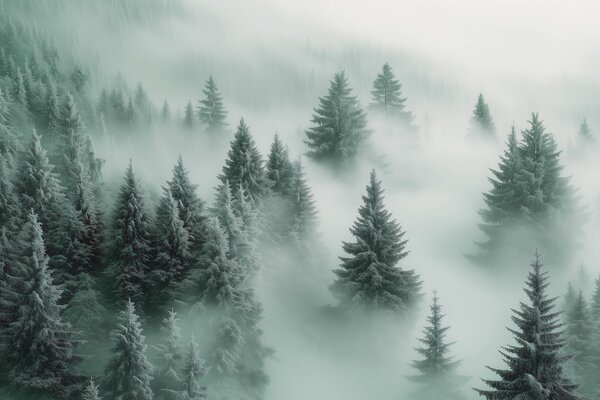 Carta da parati Nebbia fitta che avvolge una foresta innevata al mattino con sfumature di verde, Carta da parati Foresta, w02064v1 : Uwalls.it