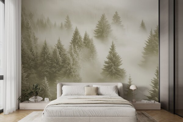 Carta da parati Nebbia fitta che avvolge una foresta innevata mattutina in morbide tonalità verdi, Carta da parati Natura, w02064v2 : Uwalls.it