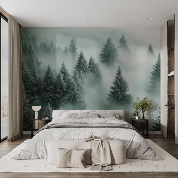 Carta da parati Nebbia fitta che avvolge una foresta innevata al mattino con sfumature di verde, Carta da parati Foresta, w02064v1 : Uwalls.it