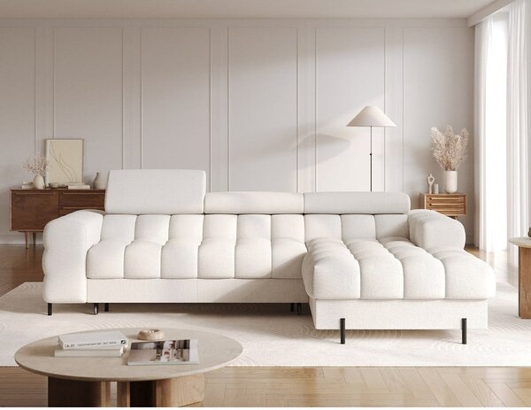 Divano angolare color crema allungabile/con contenitore (con penisola a destra/con chaise lounge) con rivestimento in bouclé Felro – ELTAP