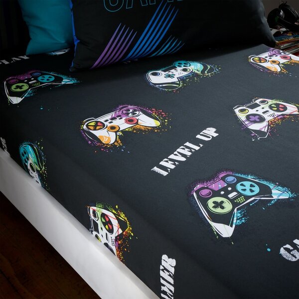 Lenzuolo con angoli per bambini nero per letto singolo 90x190 cm Game Over – Catherine Lansfield