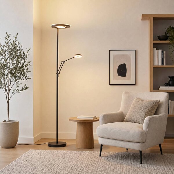 Trio Lighting Lampada da terra con luce lettura Barrie, dimmerabile, Nero, Soggiorno / Sala da pranzo, Metallo, Moderno, Lampada LED da terra