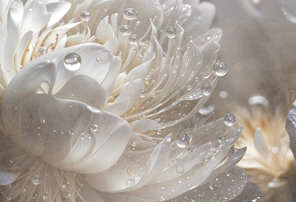 Carta da parati Primo piano di un fiore di peonia beige con gocce d'acqua sui suoi petali delicati, che, Carta da parati Floreale, w08402 : Uwalls.it