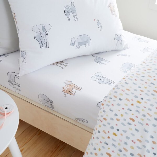 Lenzuolo con angoli per bambini bianco in cotone per letto singolo 90x190 cm Zoo Animals – Bianca