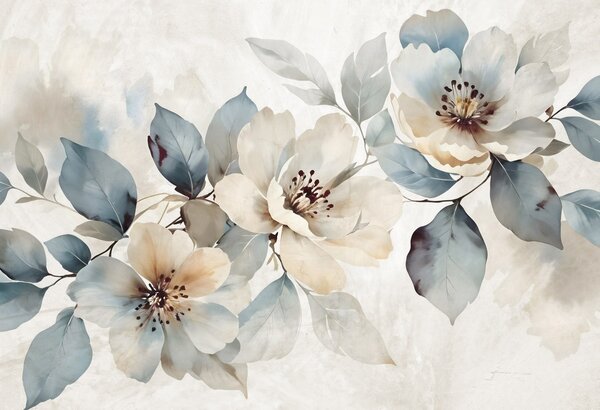 Carta da parati Delicata composizione floreale acquerellata bianca e blu, con petali e centri morbidi, Carta da parati Floreale, w08401 : Uwalls.it