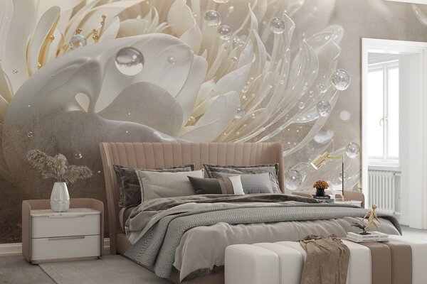 Carta da parati Primo piano di un fiore di peonia beige con gocce d'acqua sui suoi petali delicati, che, Carta da parati Floreale, w08402 : Uwalls.it
