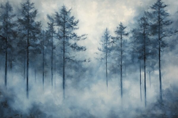 Carta da parati Foresta mistica, pini, nebbia, pittura acrilica, colori blu intenso, Carta da parati Natura, w02149 : Uwalls.it
