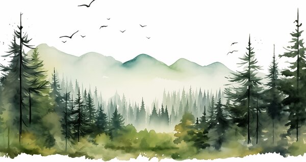 Carta da parati Acquerello di paesaggi forestali e montani, tavolozza di colori verdi , Carta da parati Natura, w02150 : Uwalls.it