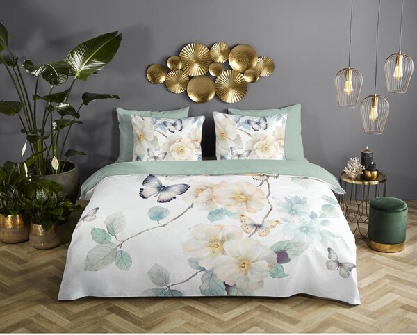 Set copripiumino e federa bianco/verde in raso di cotone per letto singolo ed esteso 140x220 cm Adiwanya – Descanso