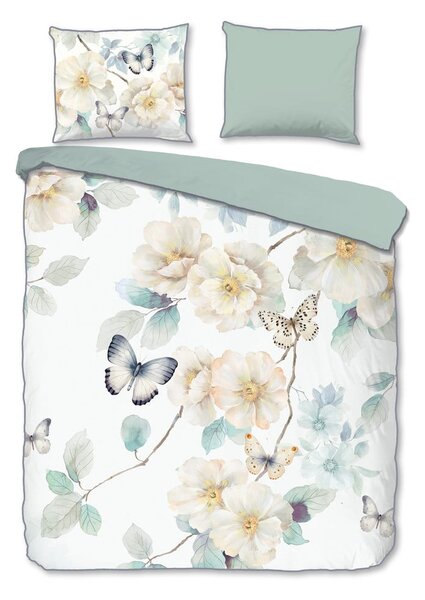 Set copripiumino e federa bianco/verde in raso di cotone per letto matrimoniale ed esteso 200x220 cm Adiwanya – Descanso